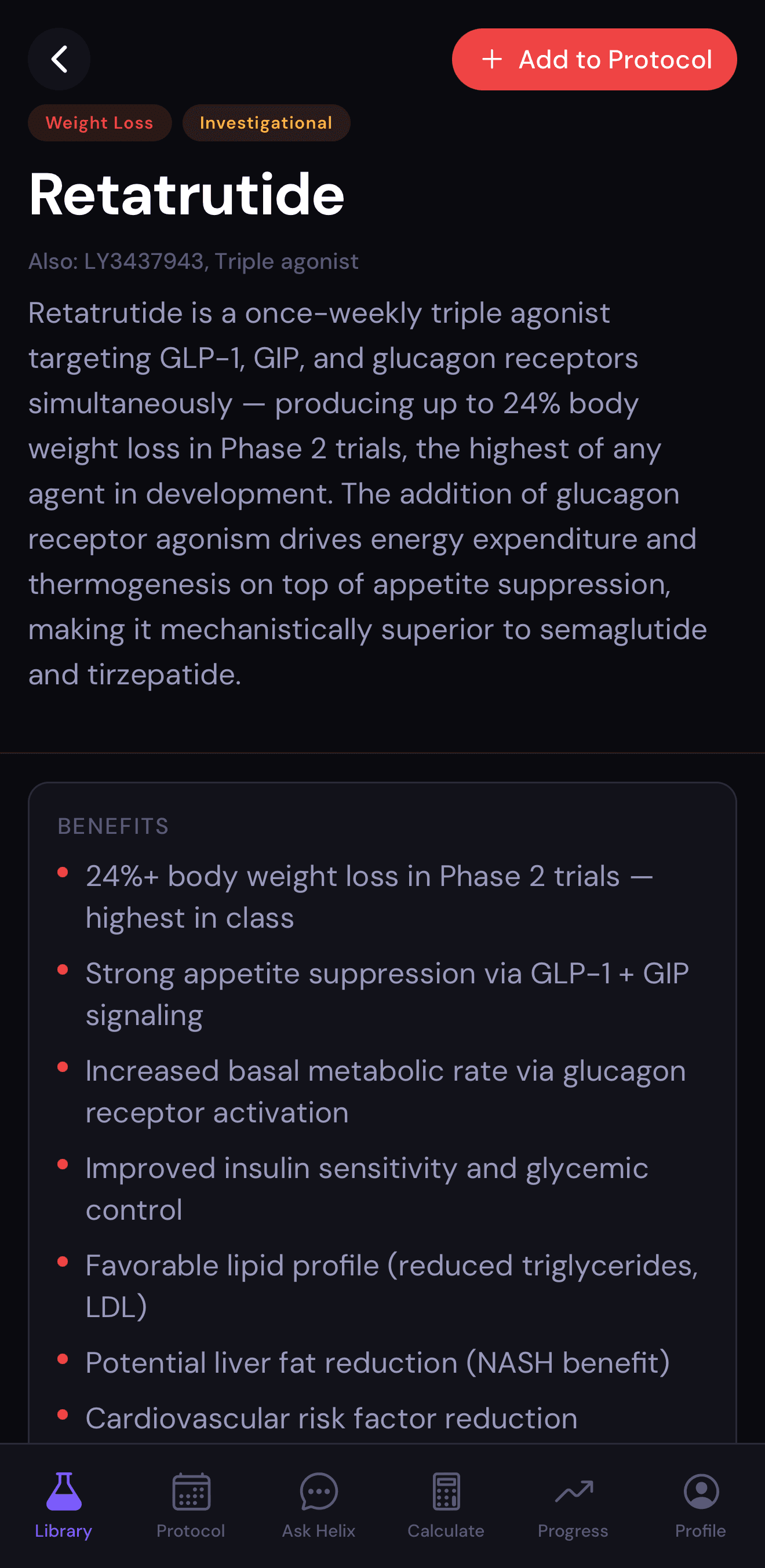 BPC-157 compound detail page showing mechanism of action and dosing guidance in Helix app