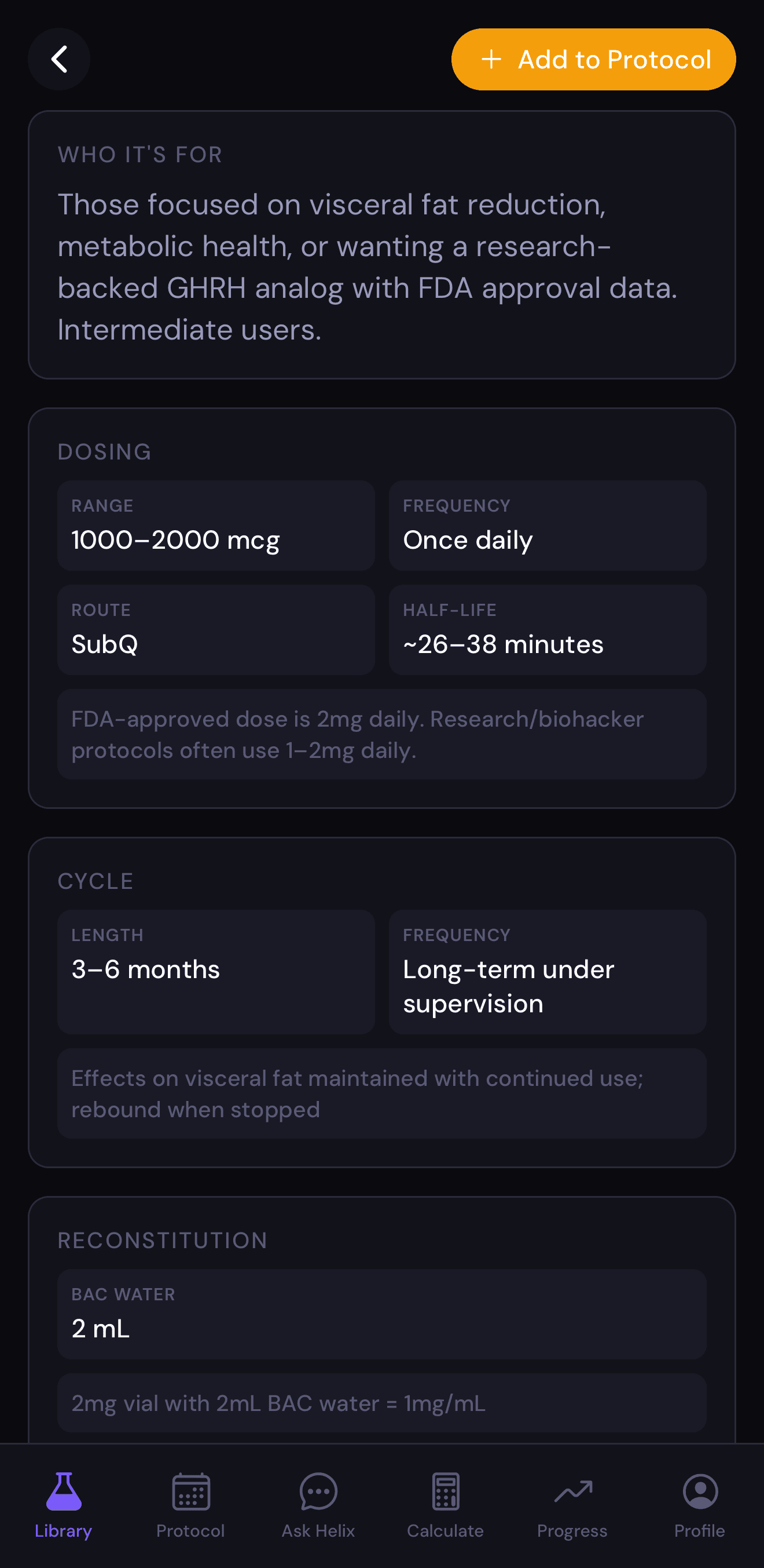 Peptide dosing ranges by experience level — beginner, intermediate, and advanced — in Helix app