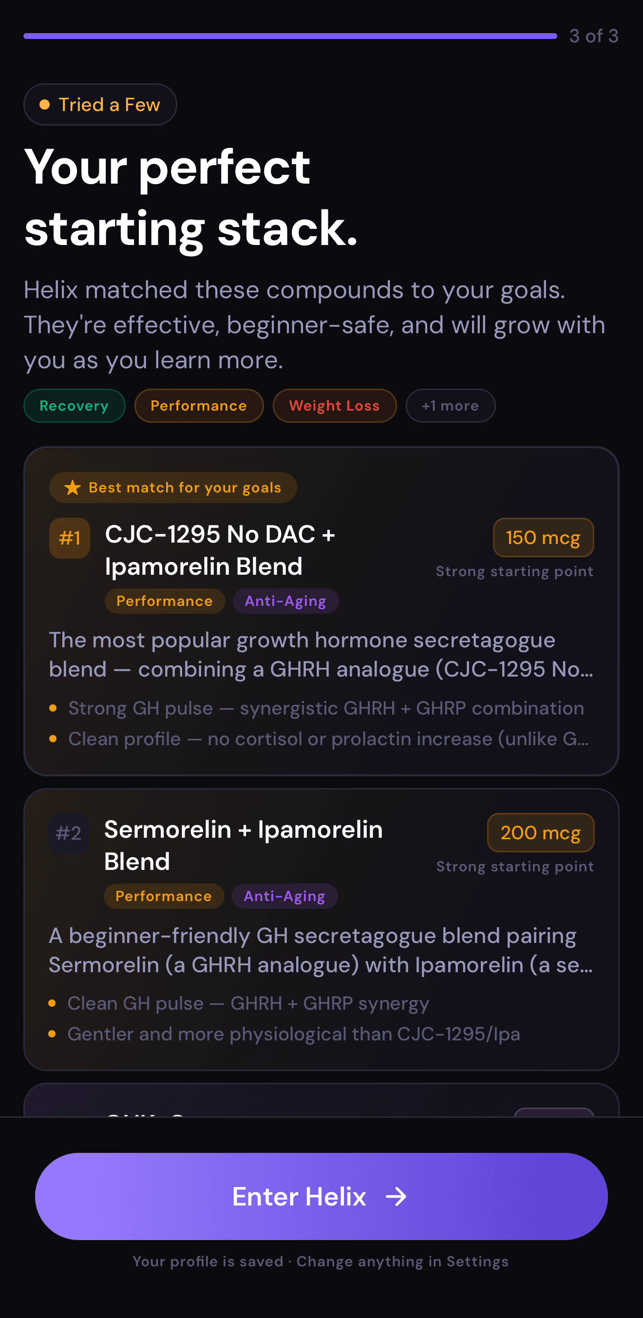 Helix app peptide protocol tracking dashboard showing active compounds and dose schedule