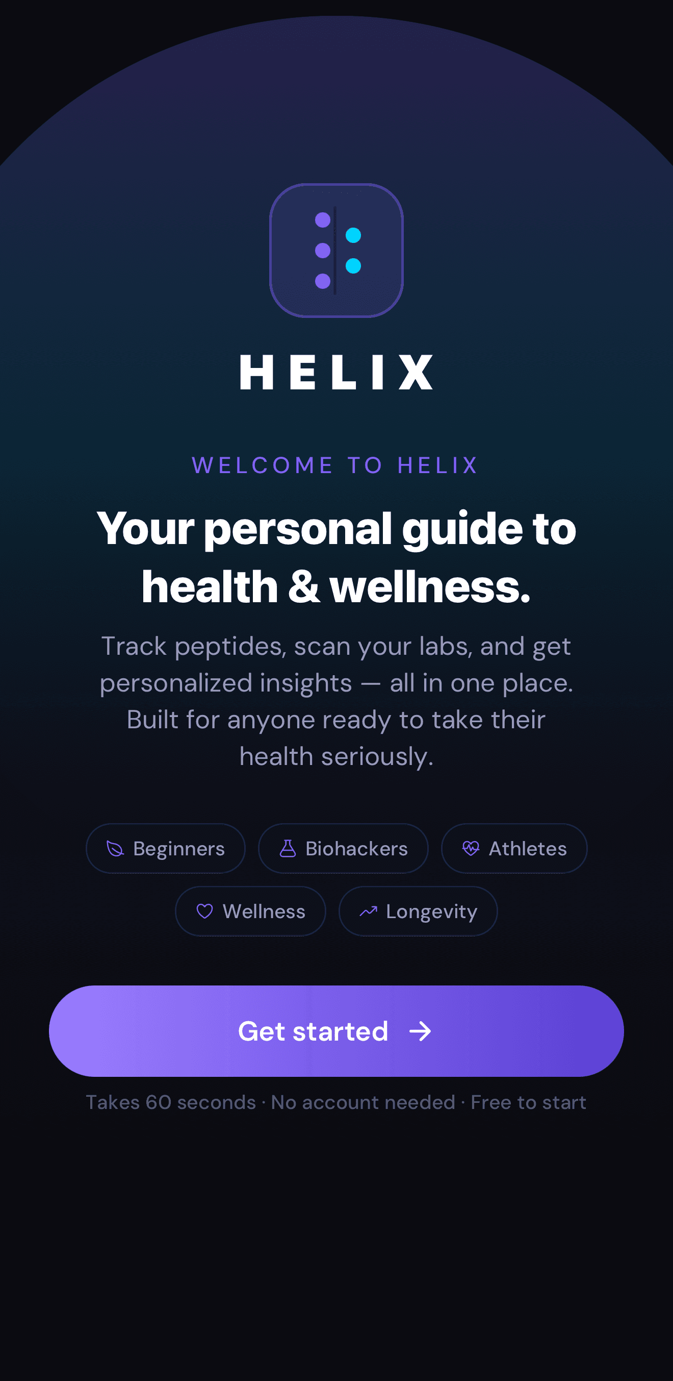 Helix app onboarding screen with personalized wellness goal setup